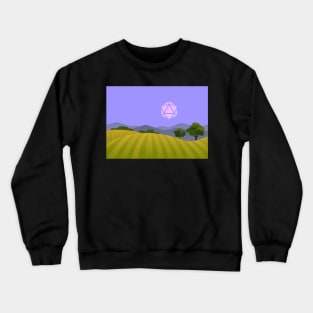 Blue Hour D20 Dice Moon Over Farm RPG Night Roleplaying Landsapes Crewneck Sweatshirt